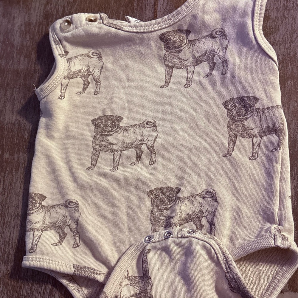 Kate Quinn-Cotton Terry Mocha Pug sleeveless button tank top bodysuit 12-18Month